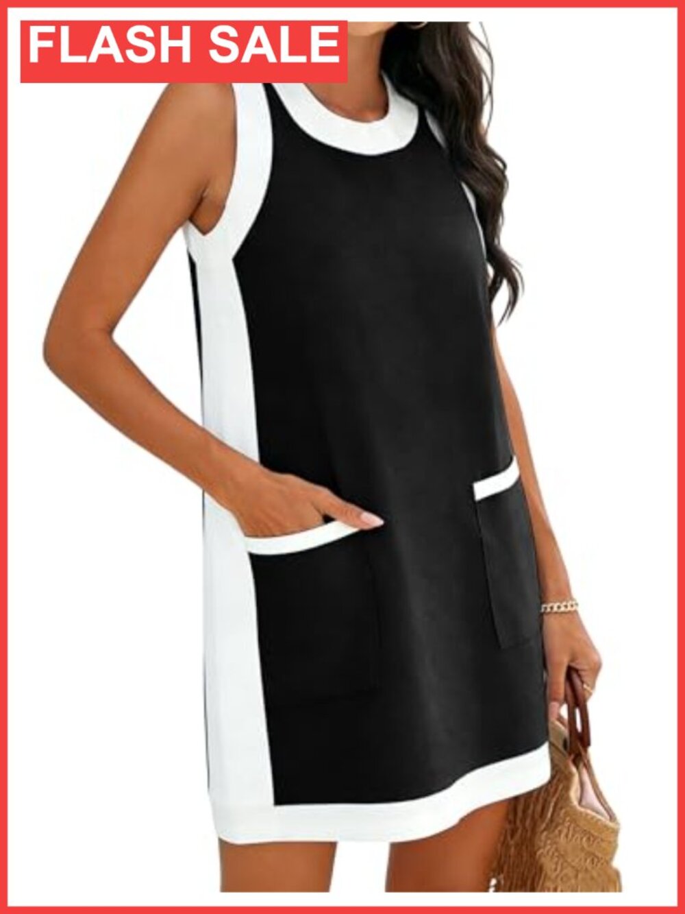 Women's Sleeveless Mini Dress Color Block Sundress with Pockets